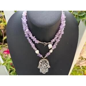 Amethyst & Baroque Pearl Necklace with Hamsa Pendant – Sterling Silver
